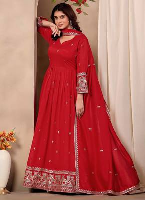 Red art silk heavy thread embroidery sequins work readymade gown pant with dupatta 3