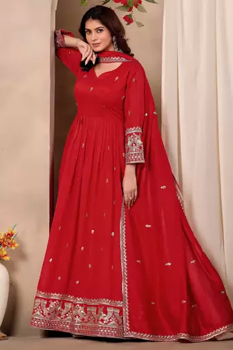 Red art silk heavy thread embroidery sequins work readymade gown pant with dupatta