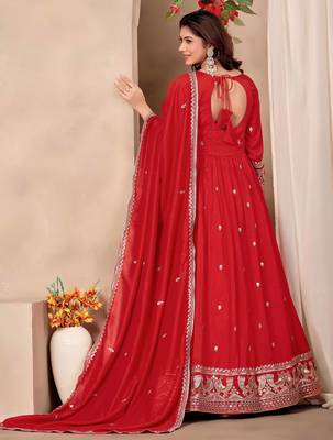 Red art silk heavy thread embroidery sequins work readymade gown pant with dupatta 4
