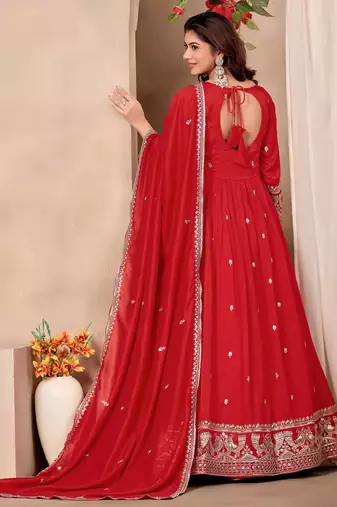 Red art silk heavy thread embroidery sequins work readymade gown pant with dupatta