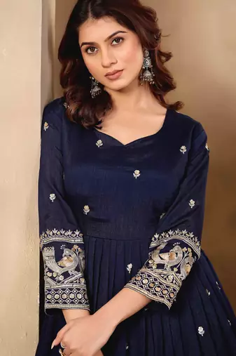 Navy blue art silk heavy thread embroidery sequins work readymade gown pant with dupatta