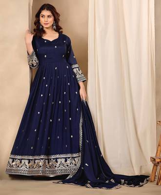 Navy blue art silk heavy thread embroidery sequins work readymade gown pant with dupatta 7