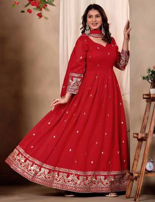 Red art silk heavy thread embroidery sequins work readymade gown pant with dupatta 6
