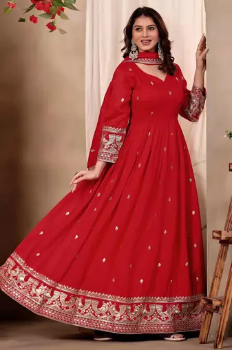 Red art silk heavy thread embroidery sequins work readymade gown pant with dupatta