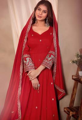 Red art silk heavy thread embroidery sequins work readymade gown pant with dupatta 7