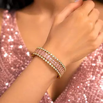 Pink Baguette Crystal Tennis Bracelet, Gold Tone, Art Deco Style, Bridal Jewelry 1