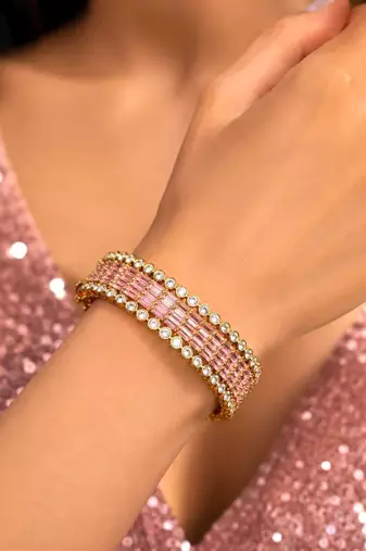 Pink Baguette Crystal Tennis Bracelet, Gold Tone, Art Deco Style, Bridal Jewelry