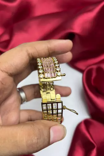 Pink Baguette Crystal Tennis Bracelet, Gold Tone, Art Deco Style, Bridal Jewelry