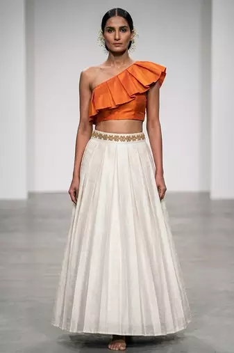 Ivory Orange Embroidered Dupion Silk Lehenga Set
