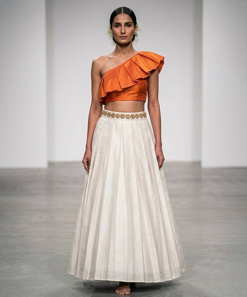 Ivory Orange Embroidered Dupion Silk Lehenga Set