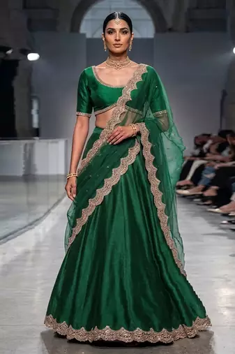 Green Embroidered Dupion Silk Lehenga Set