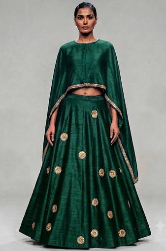 Green Embroidered Dupion Silk Lehenga Set