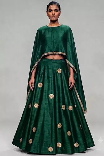 Green Embroidered Dupion Silk Lehenga Set