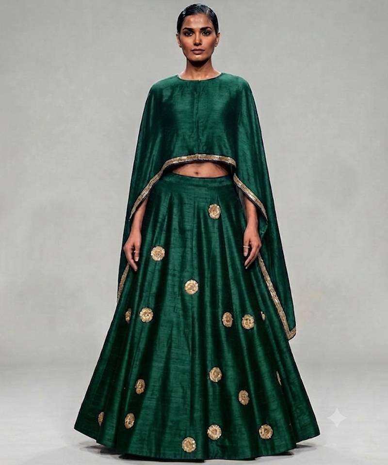 Green Embroidered Dupion Silk Lehenga Set