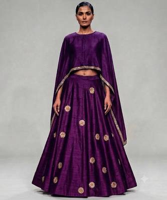 Purple Embroidered Dupion Silk Lehenga Set 1