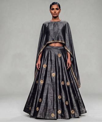 Metallic Grey Embroidered Dupion Silk Lehenga Set 1