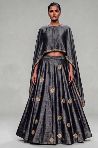 Metallic Grey Embroidered Dupion Silk Lehenga Set
