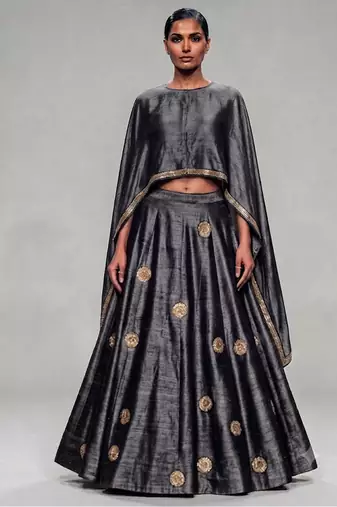Metallic Grey Embroidered Dupion Silk Lehenga Set