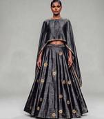 Metallic Grey Embroidered Dupion Silk Lehenga Set