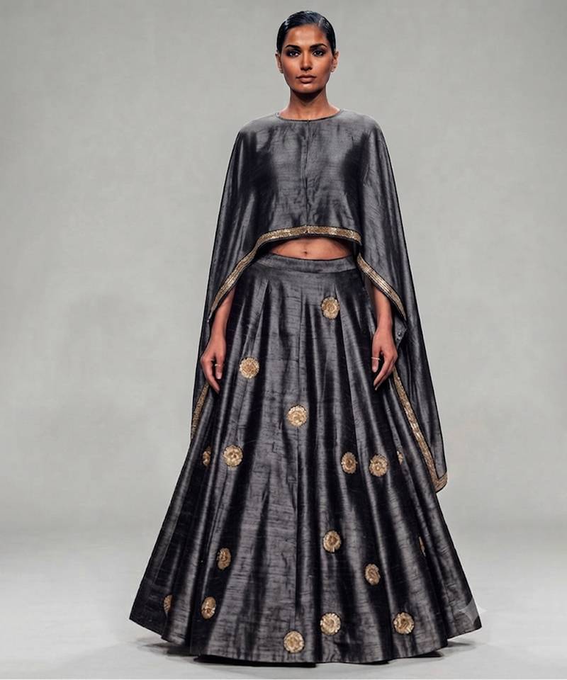 Metallic Grey Embroidered Dupion Silk Lehenga Set