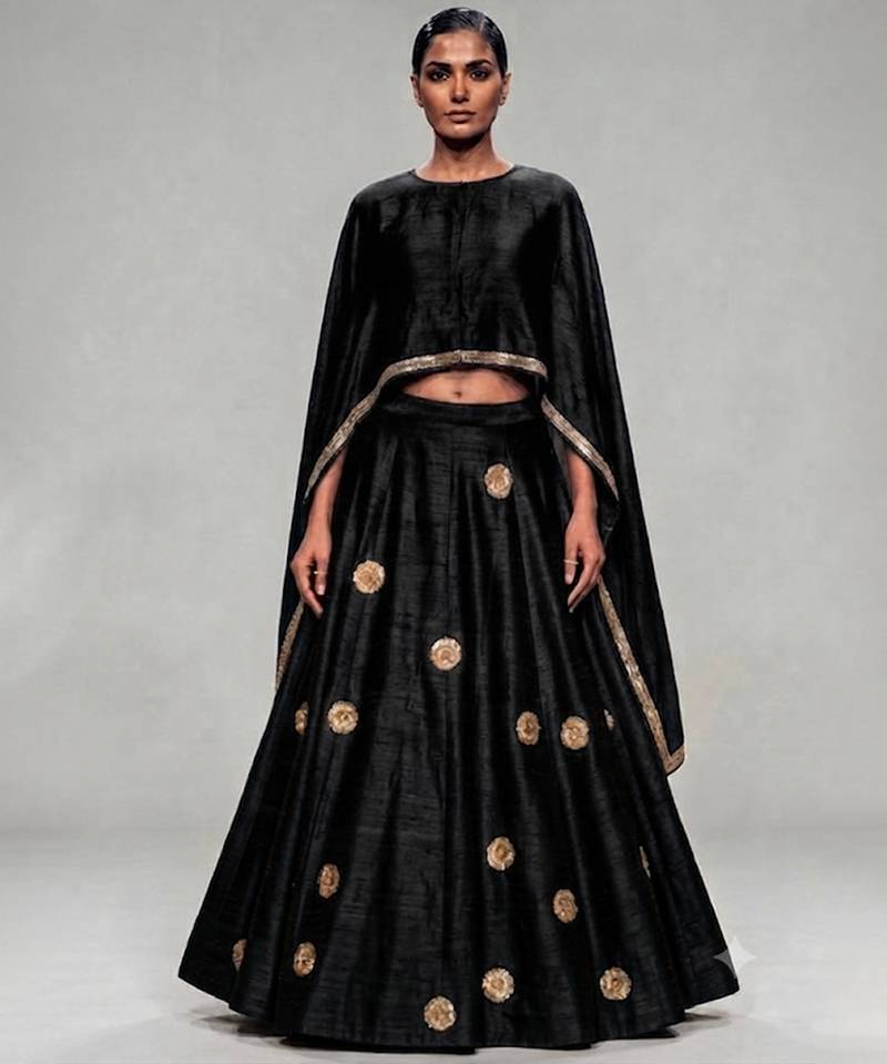 Black Embroidered Dupion Silk Lehenga Set
