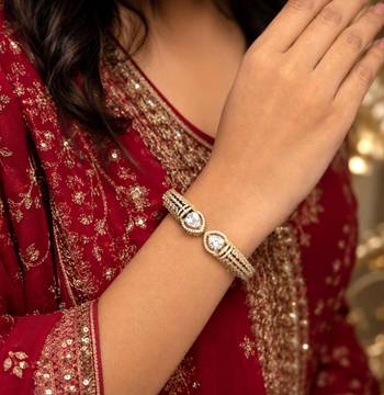 Gold Teardrop CZ Open Cuff Bracelet, Bridal Wedding Bangle, Adjustable Party Jewelry 1