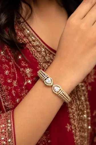Gold Teardrop CZ Open Cuff Bracelet, Bridal Wedding Bangle, Adjustable Party Jewelry