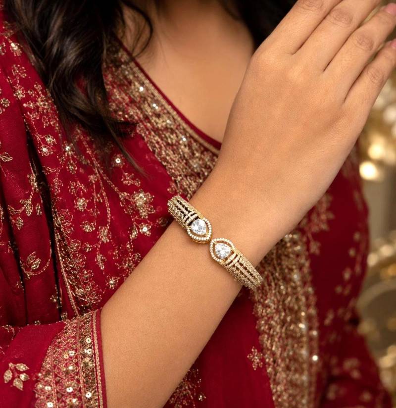 Gold Teardrop CZ Open Cuff Bracelet, Bridal Wedding Bangle, Adjustable Party Jewelry