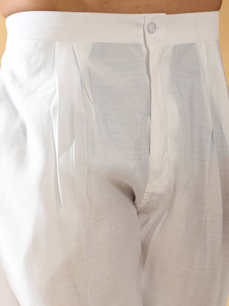 Men cotton silk elastic waistband white trouser