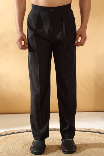 Men cotton silk elastic waistband black trouser