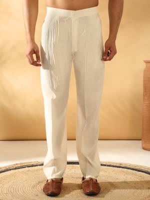 Men cotton silk elastic waistband cream trouser 1