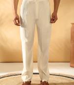 Men cotton silk elastic waistband cream trouser