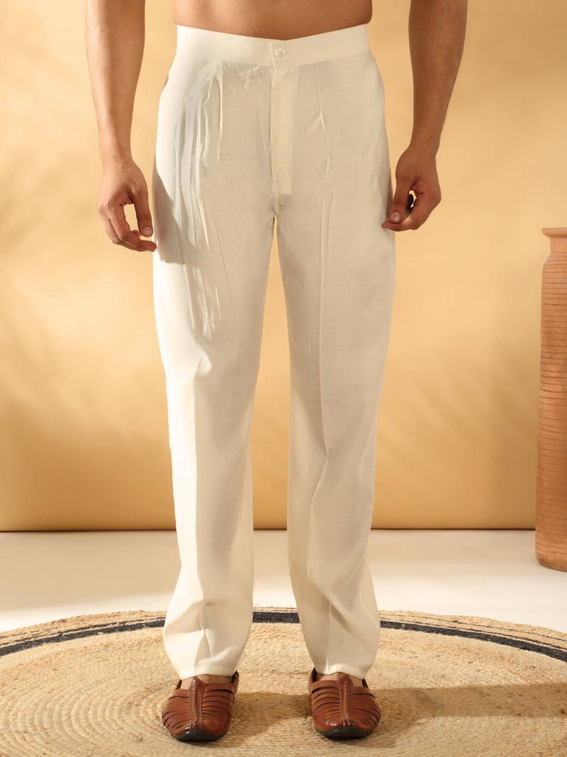 Men cotton silk elastic waistband cream trouser