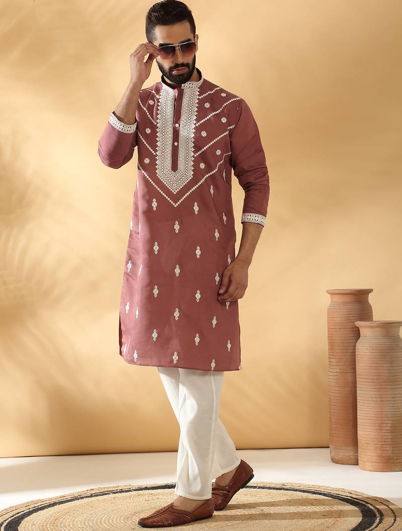 Men cotton silk elastic waistband cream trouser