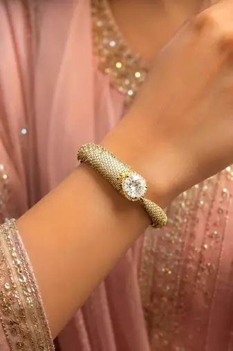 Gold Plated CZ Open Cuff Bracelet, Pavé Solitaire Bridal Bangle, Adjustable Wedding Jewelry