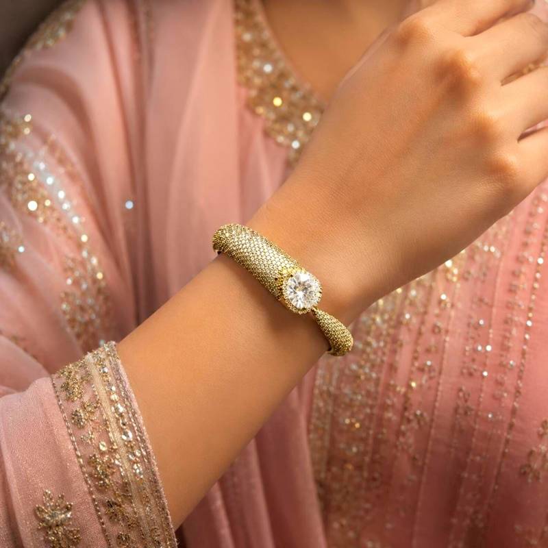 Gold Plated CZ Open Cuff Bracelet, Pavé Solitaire Bridal Bangle, Adjustable Wedding Jewelry