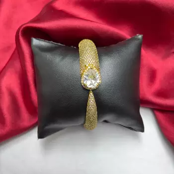 Gold Plated CZ Open Cuff Bracelet, Pavé Solitaire Bridal Bangle, Adjustable Wedding Jewelry 2