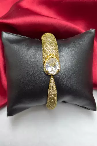 Gold Plated CZ Open Cuff Bracelet, Pavé Solitaire Bridal Bangle, Adjustable Wedding Jewelry