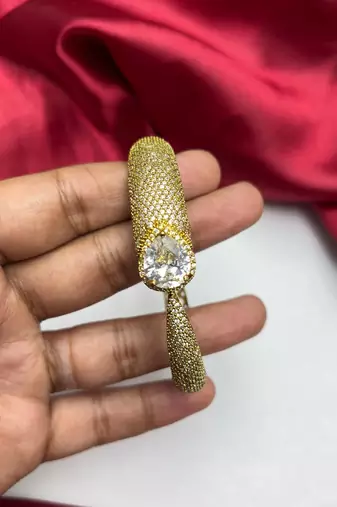 Gold Plated CZ Open Cuff Bracelet, Pavé Solitaire Bridal Bangle, Adjustable Wedding Jewelry