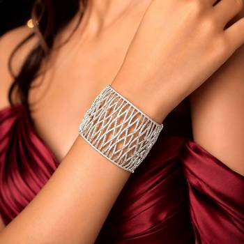 Rhodium Plated Wide CZ Cuff Bracelet, Openwork Crystal Statement Jewelry 1
