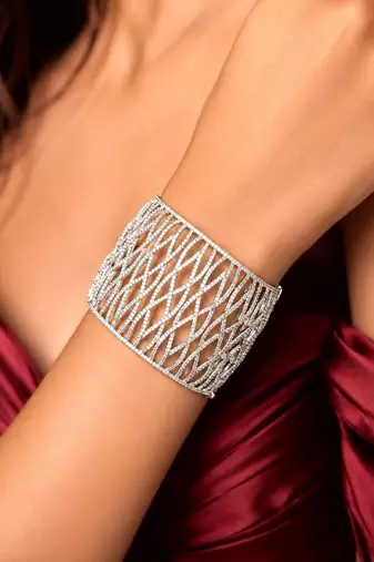 Rhodium Plated Wide CZ Cuff Bracelet, Openwork Crystal Statement Jewelry