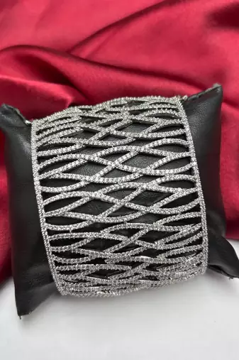 Rhodium Plated Wide CZ Cuff Bracelet, Openwork Crystal Statement Jewelry