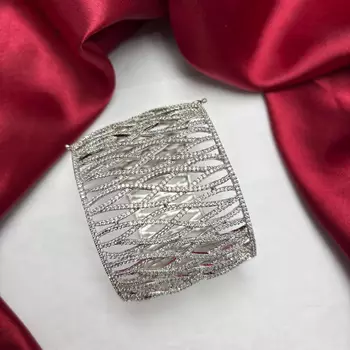 Rhodium Plated Wide CZ Cuff Bracelet, Openwork Crystal Statement Jewelry 3
