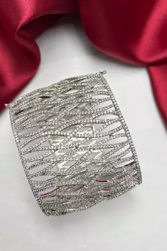 Rhodium Plated Wide CZ Cuff Bracelet, Openwork Crystal Statement Jewelry