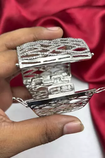 Rhodium Plated Wide CZ Cuff Bracelet, Openwork Crystal Statement Jewelry