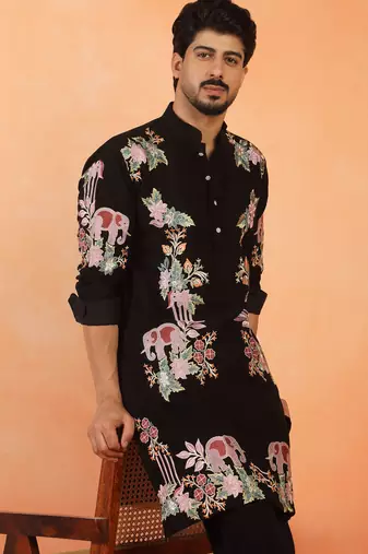 Japanese fabric floral embroidered festive black kurta