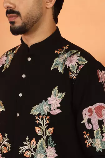 Japanese fabric floral embroidered festive black kurta