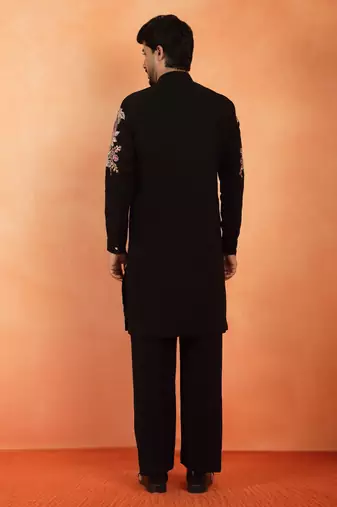 Japanese fabric floral embroidered festive black kurta