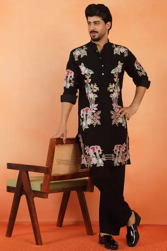 Japanese fabric floral embroidered festive black kurta