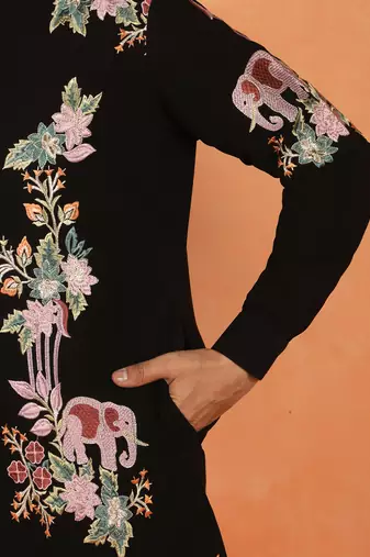 Japanese fabric floral embroidered festive black kurta